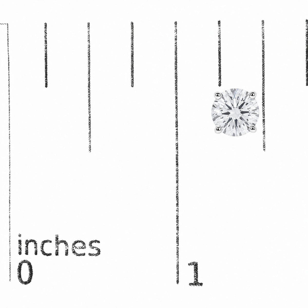 Close-up image of a single white earring with a round white gemstone in a four-prong setting, shown on a scale with measurement markings in inches, shot from above.