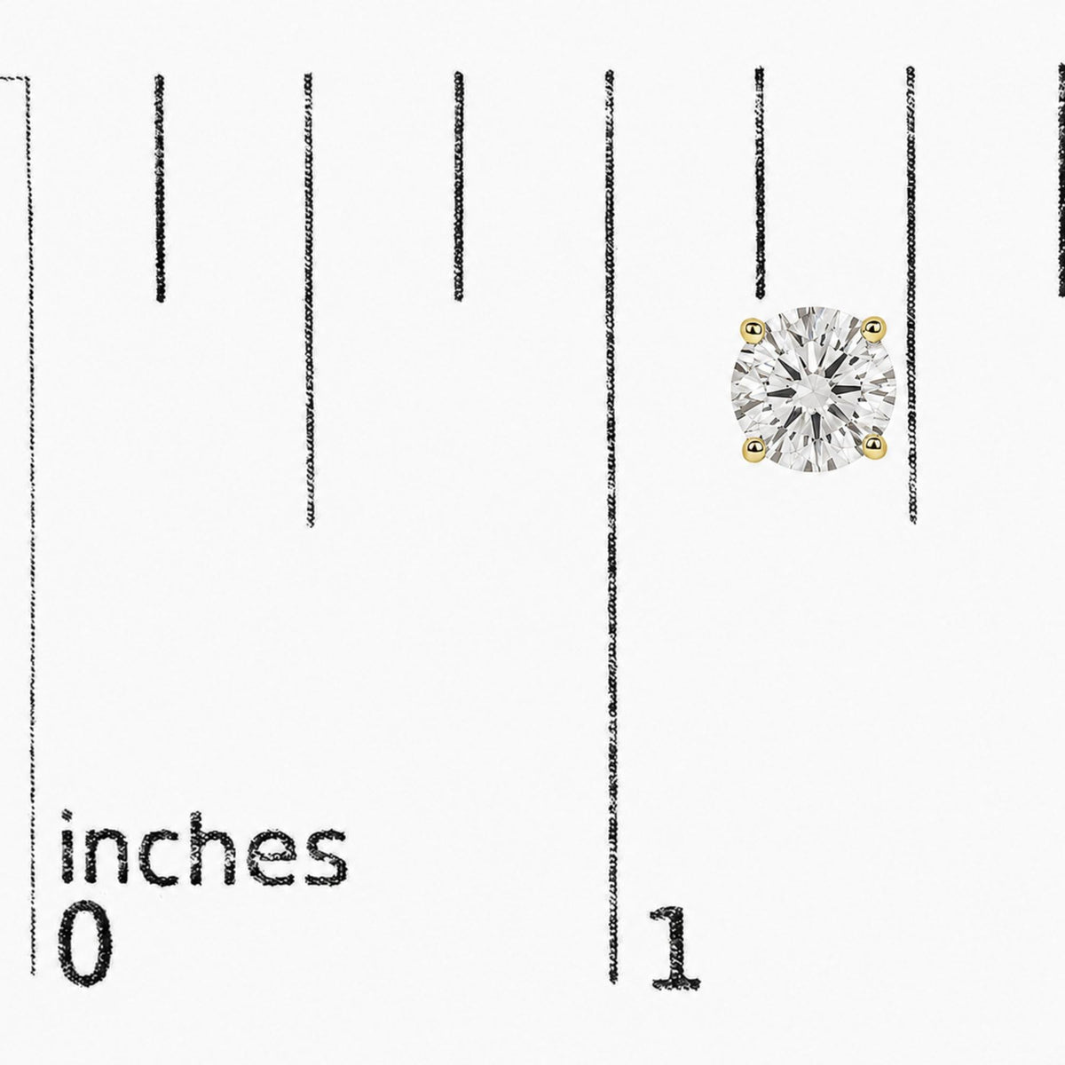 Close-up front angle of a yellow metal stud earring featuring a single round white gemstone in a four-prong setting shown on a measurement scale.
