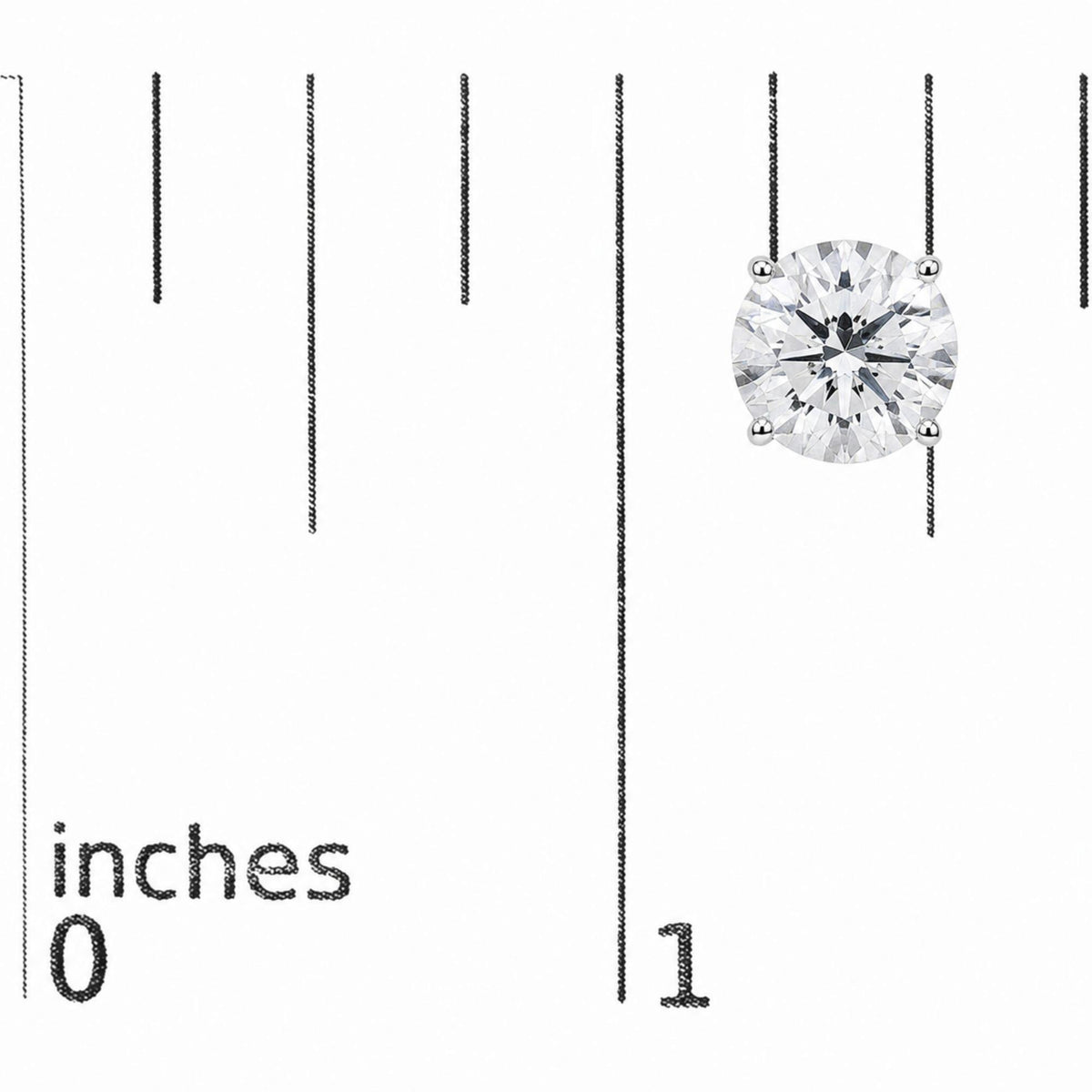 Close-up front angle of white metal stud earrings each set with a single round white gemstone in a 4-prong setting, shown on a scale.