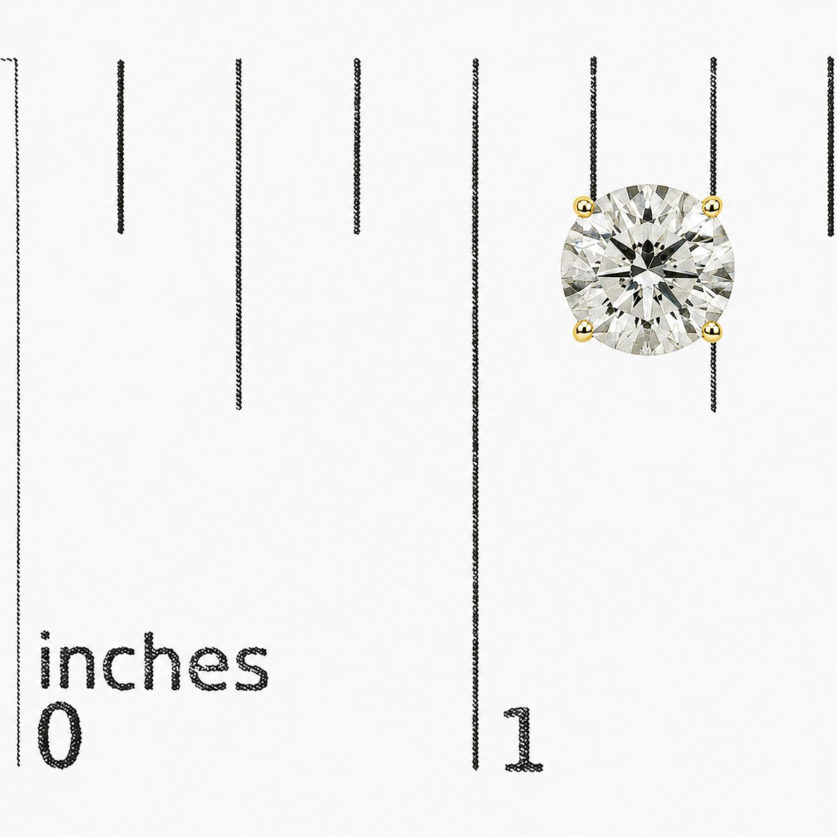 Close-up front angle of a yellow metal stud earring with a round white gemstone in a four-prong setting, shown on a scale.