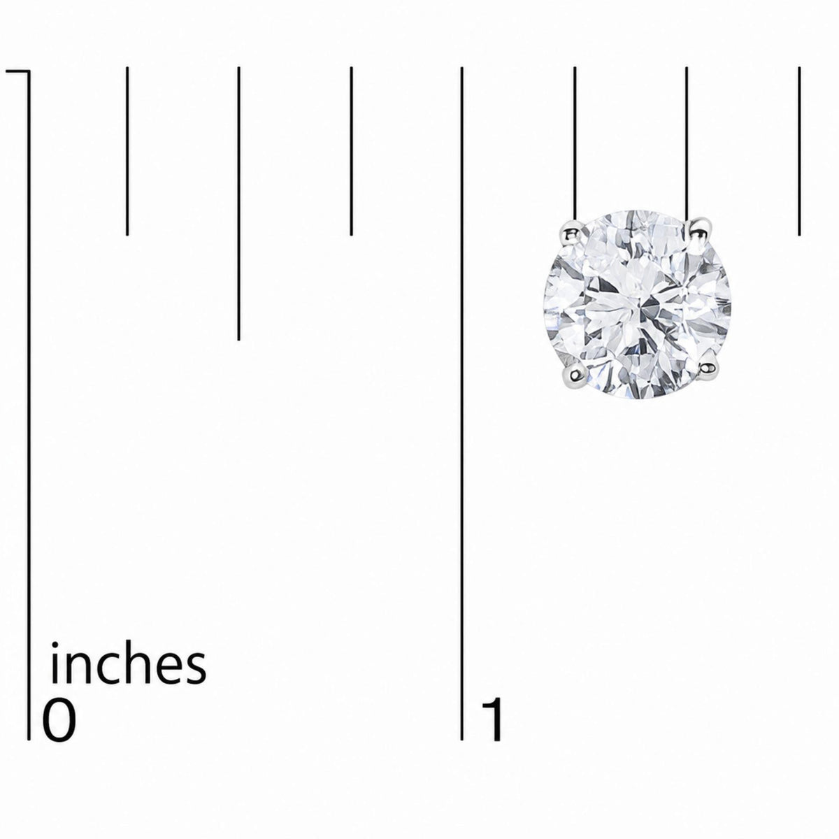 Close-up side angle image of a single white metal earring with a round white gemstone in a four-prong setting, shown on a measuring scale.