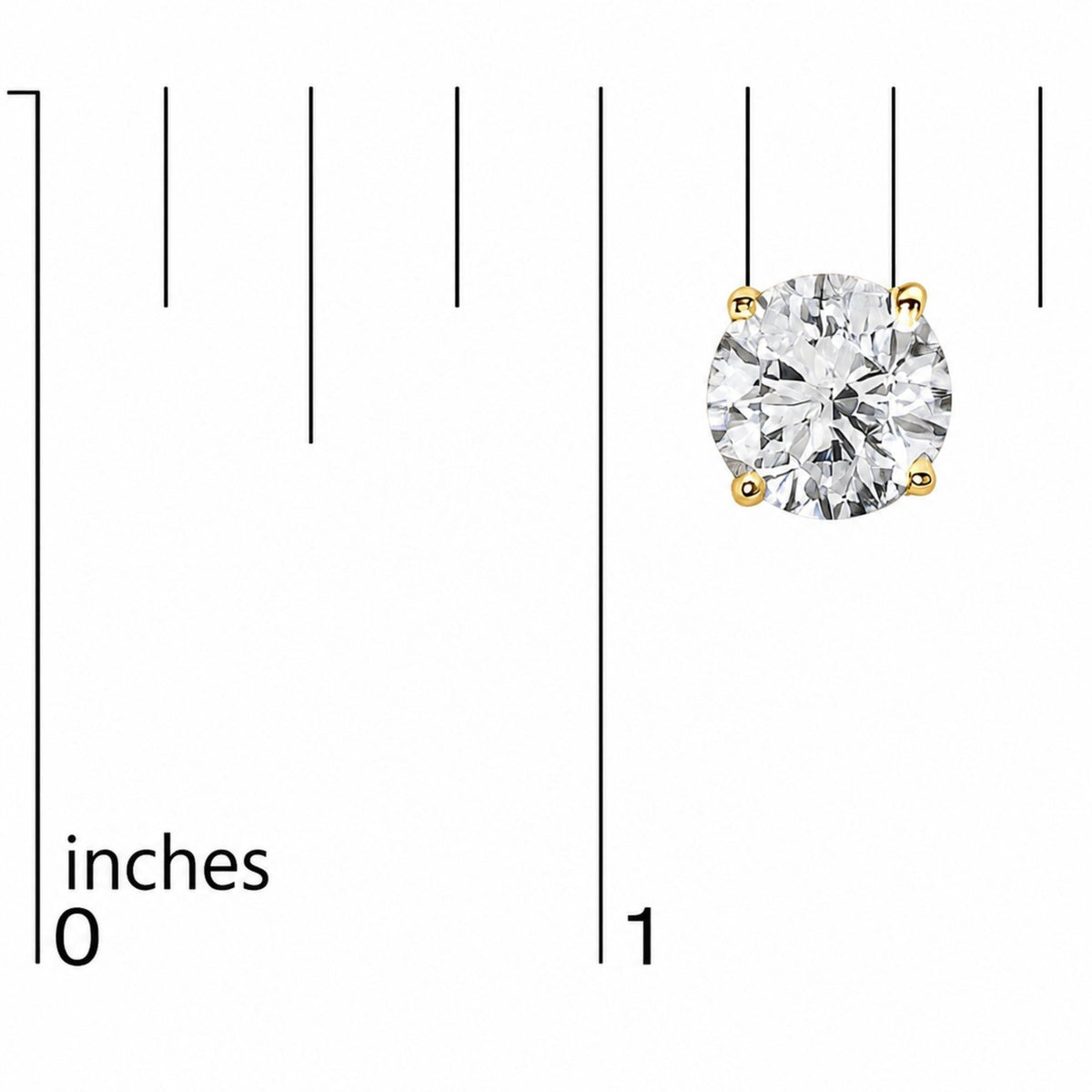 Close-up front view of a yellow metal stud earring with a round white gemstone in a 4-prong setting shown on a scale.