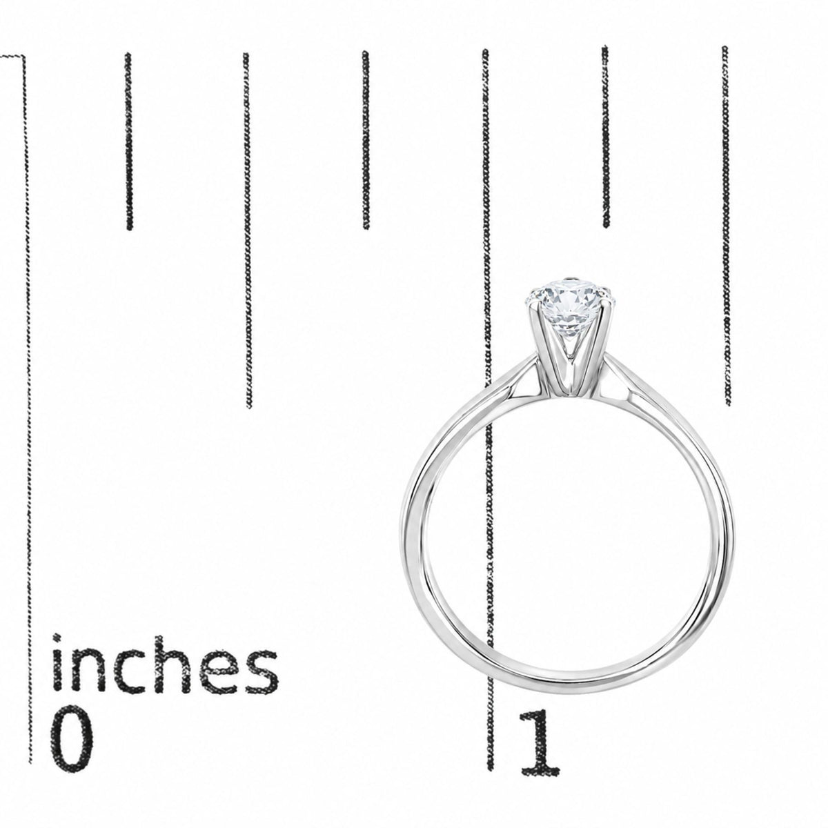 White metal ring with a round white gemstone in a four-prong setting, shown on a scale, side angle.