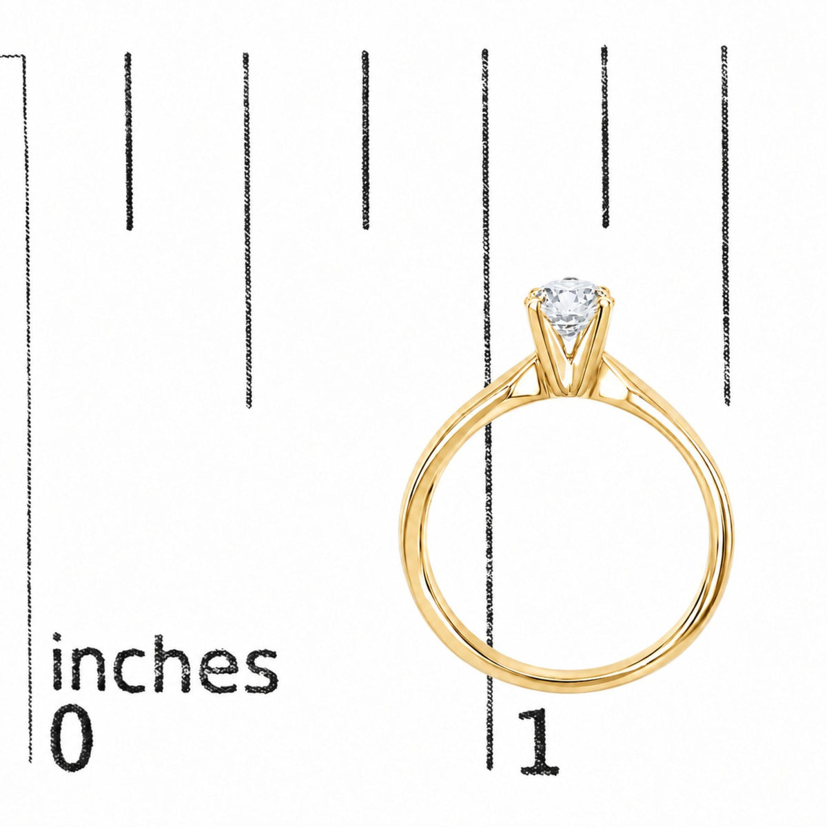 Close-up front angle of a yellow ring with a round white gemstone set in a four-prong setting, shown on a scale.