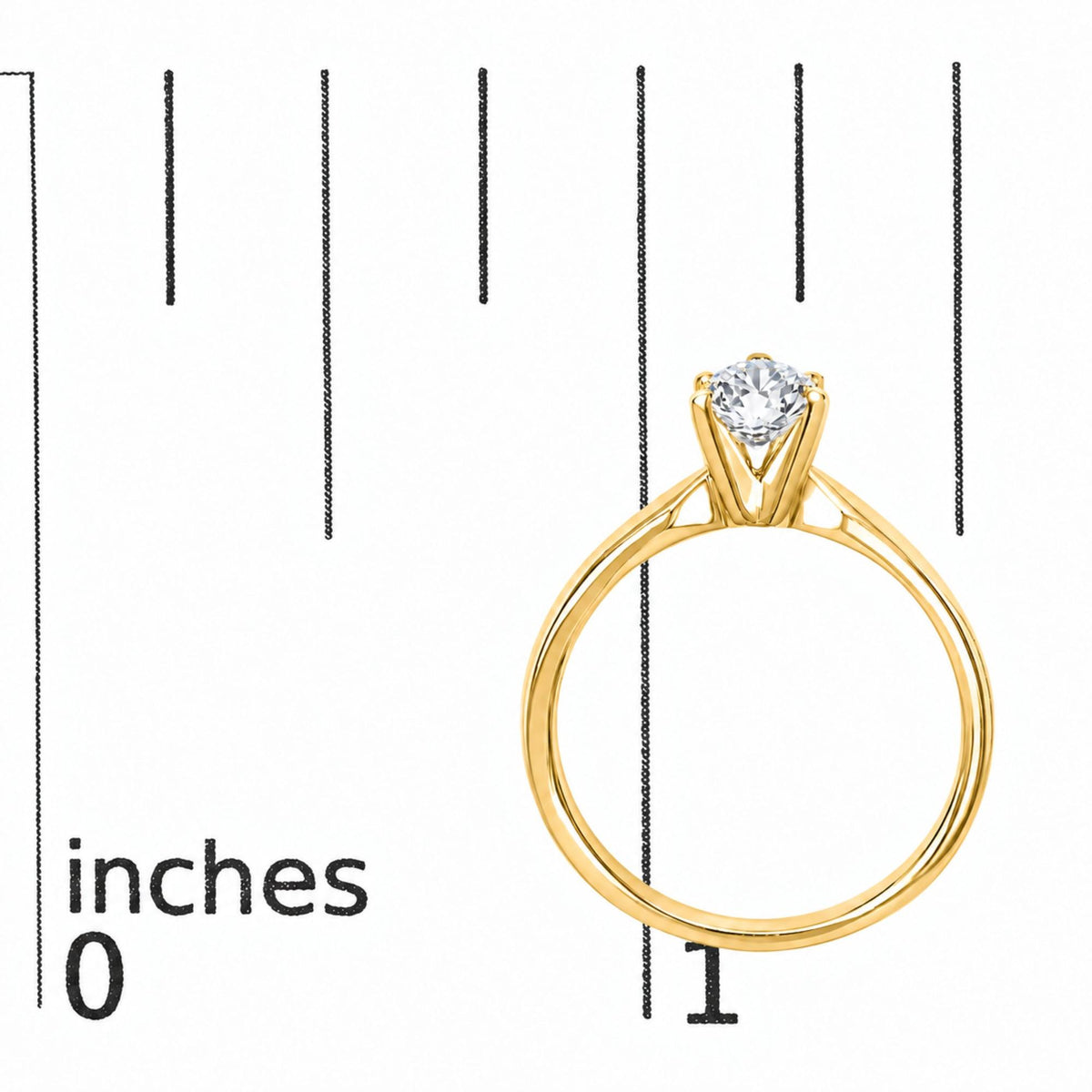 Yellow metal ring with an intersecting band design and a round white gemstone in a four-prong setting, shown on a scale from a front angle.