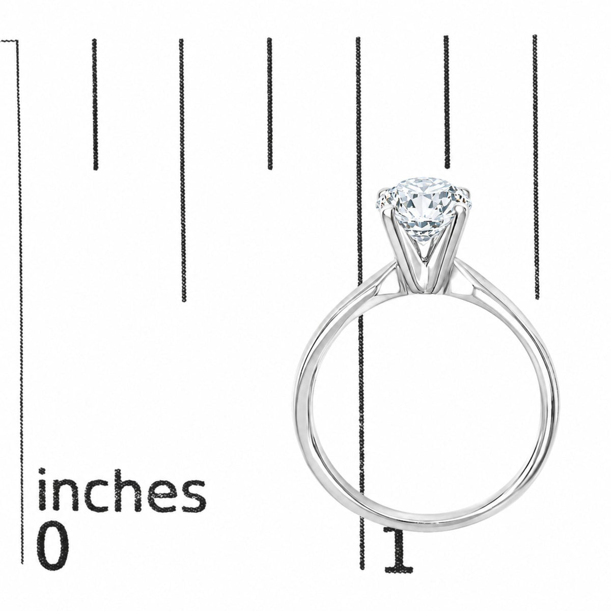 Close-up front angle of a white metal ring with a round white gemstone in a 4-prong setting shown on a measurement scale.