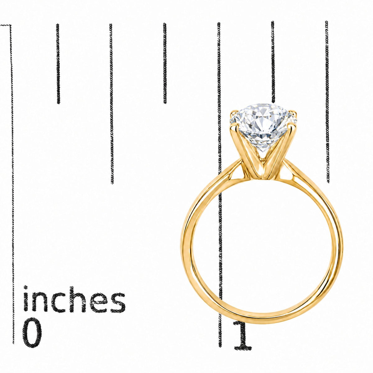 Close-up front view of a yellow metal ring with a round white gemstone in a four-prong setting, shown on a scale with measurement markings.