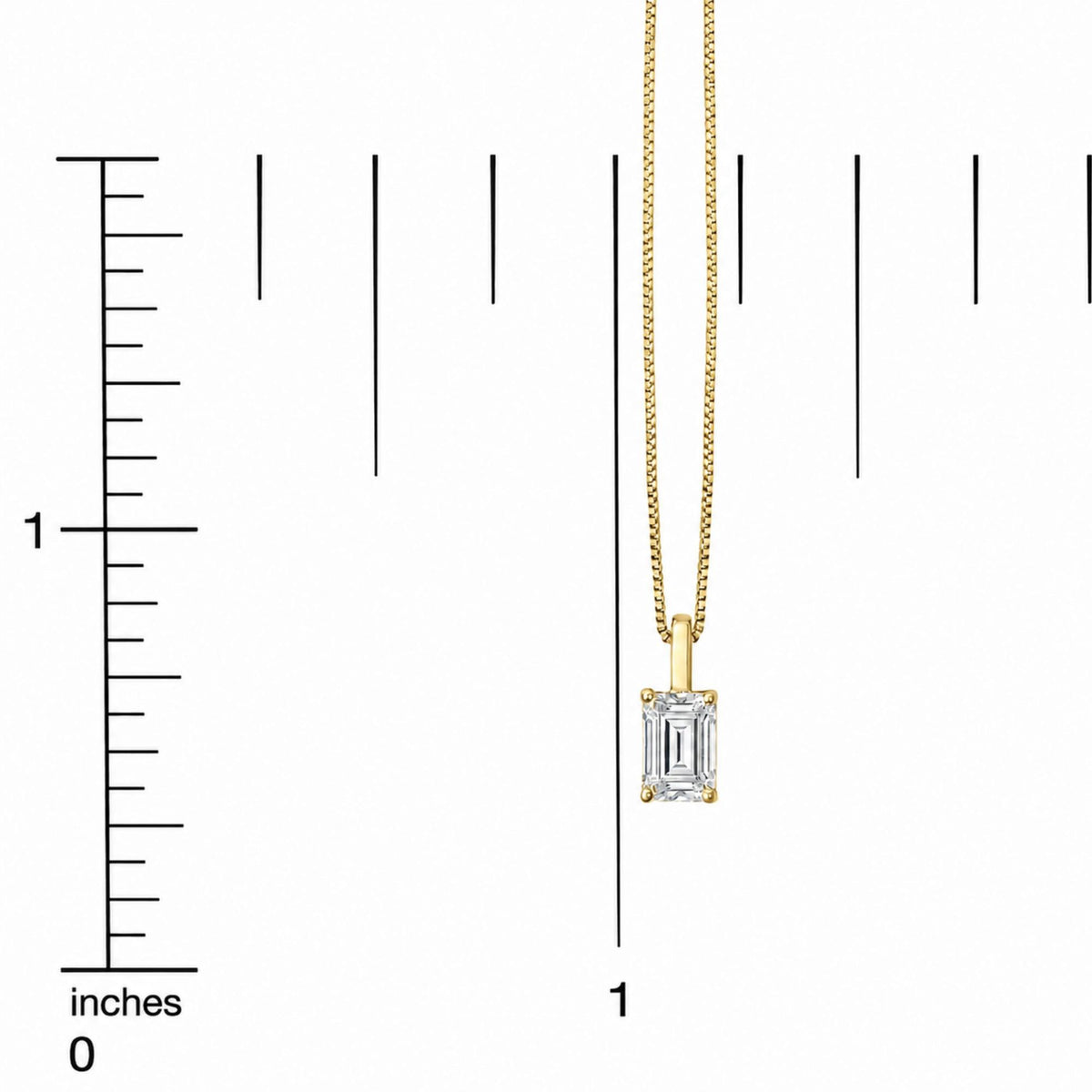 Yellow necklace with rectangular white gemstone pendant in four-prong setting, shown on a scale, close-up shot.