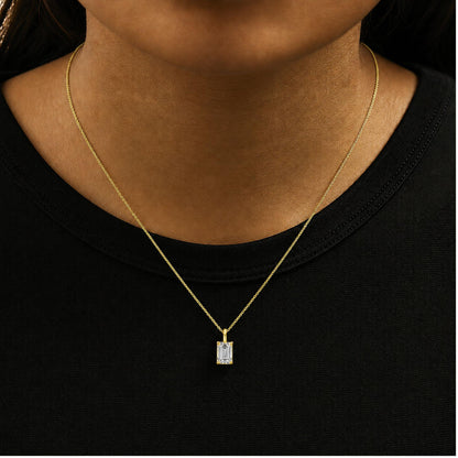 Close-up front view of a model wearing a yellow necklace with a rectangular white gemstone pendant in a 4-prong setting.