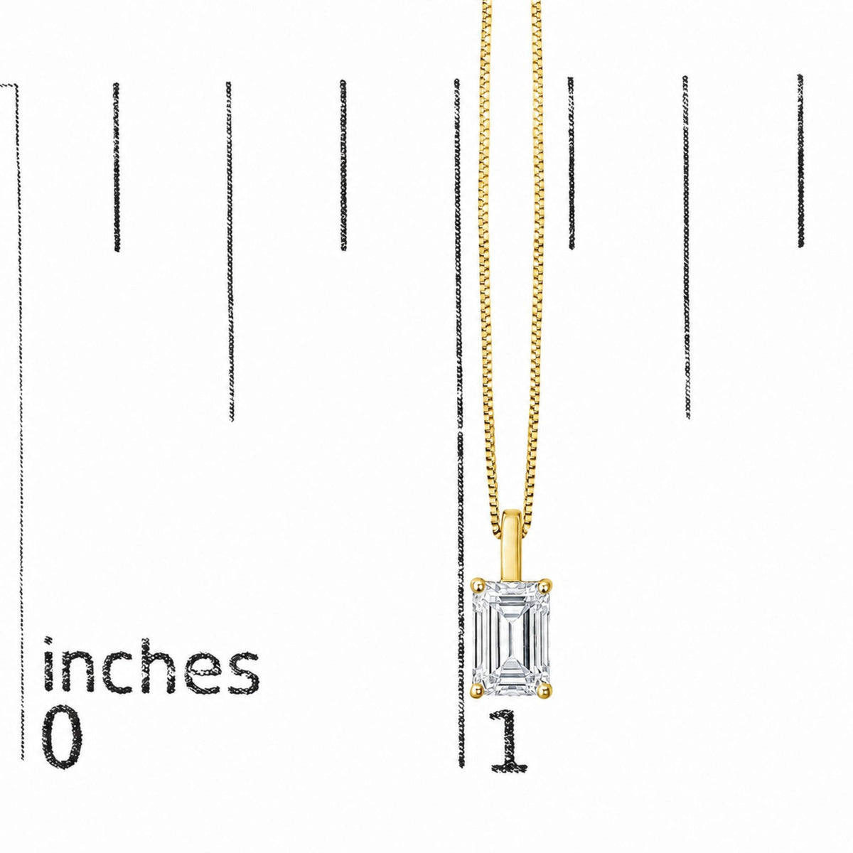 Close-up front view of a yellow necklace chain with a pendant featuring a single emerald-shaped white gemstone in a four-prong setting, shown on a scale.