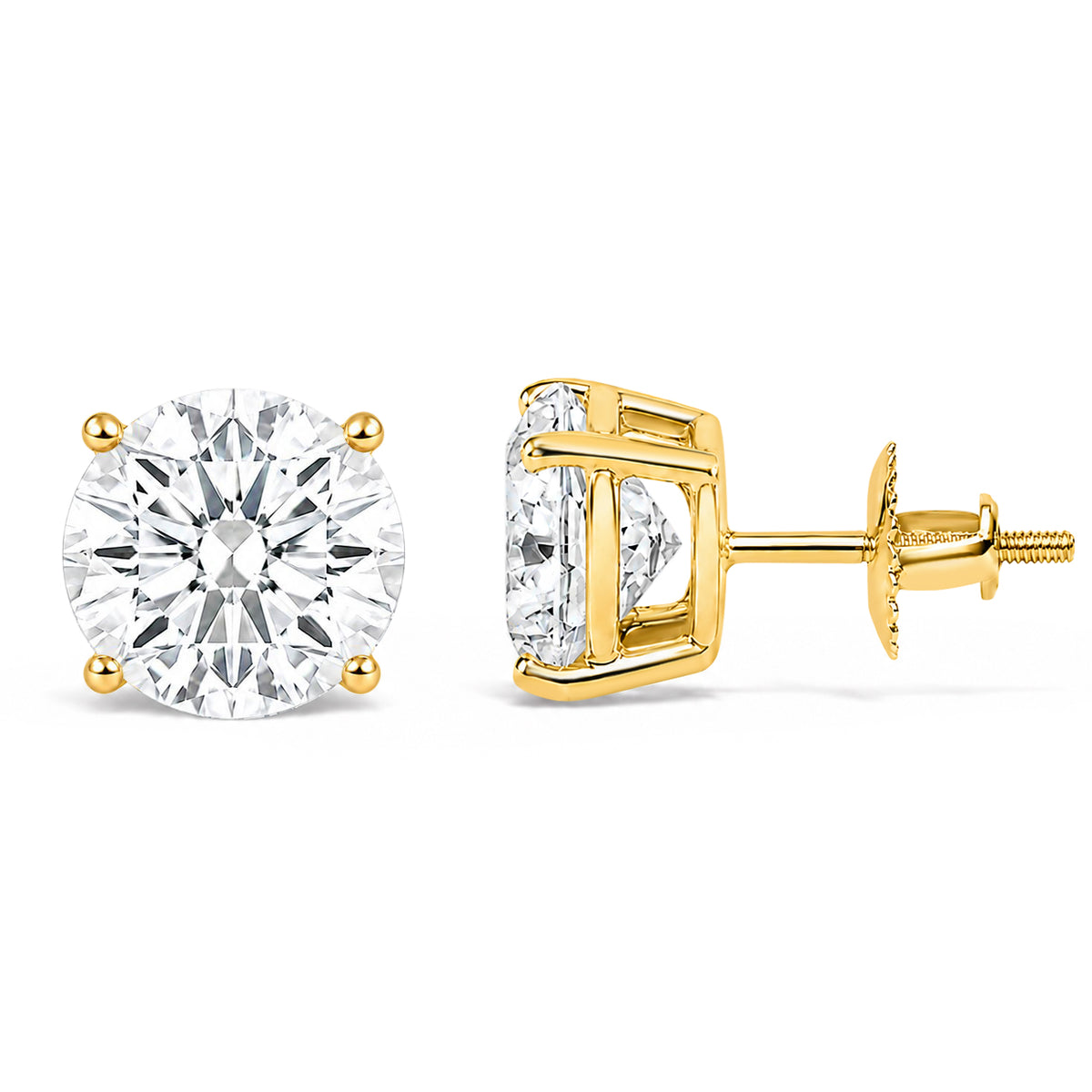 Pair of yellow metal stud earrings with round white gemstones in 4-prong settings, shown from front and side angles on a white background.