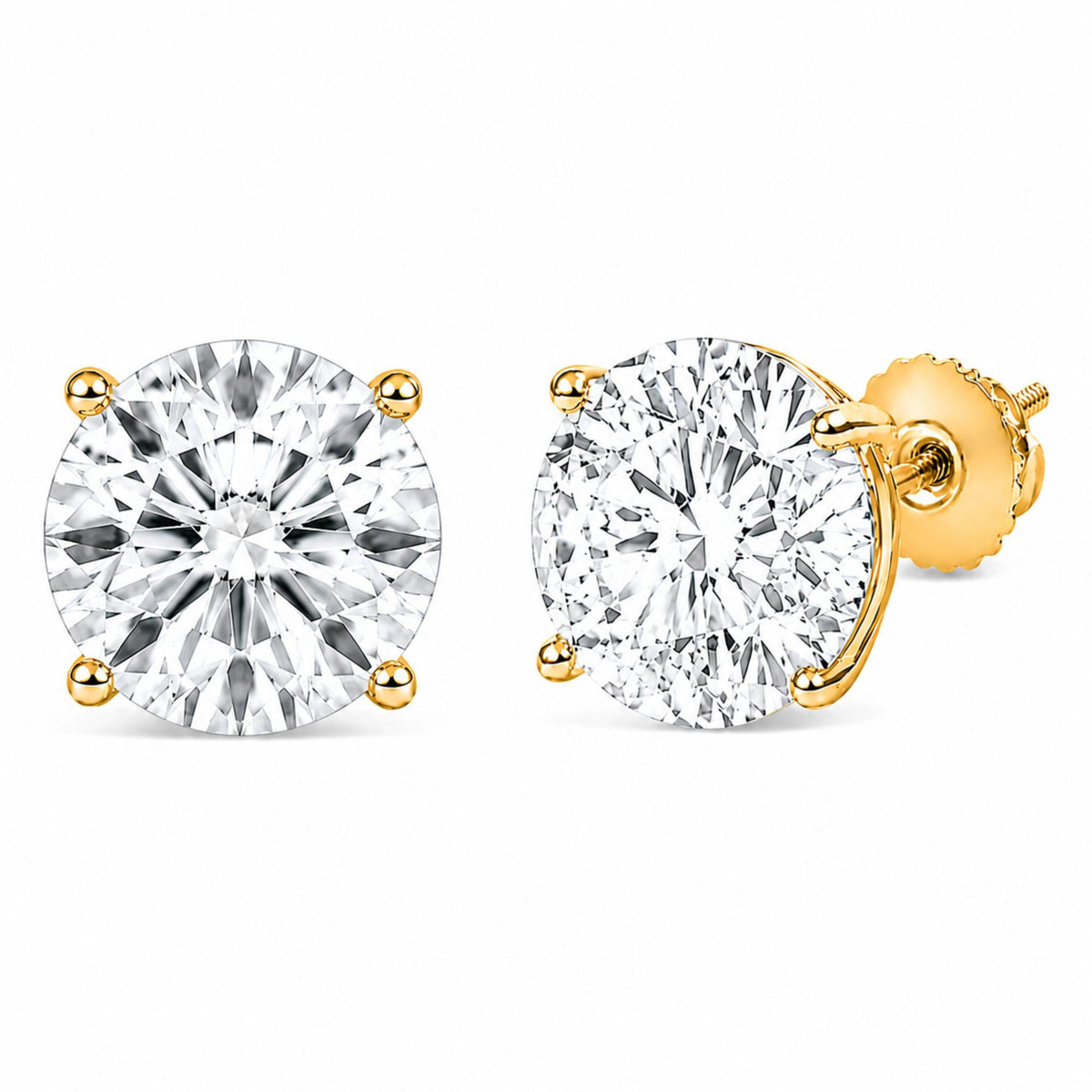 Close-up front and side view of a pair of yellow metal stud earrings with round white gemstones in four-prong settings, shown on a white background.