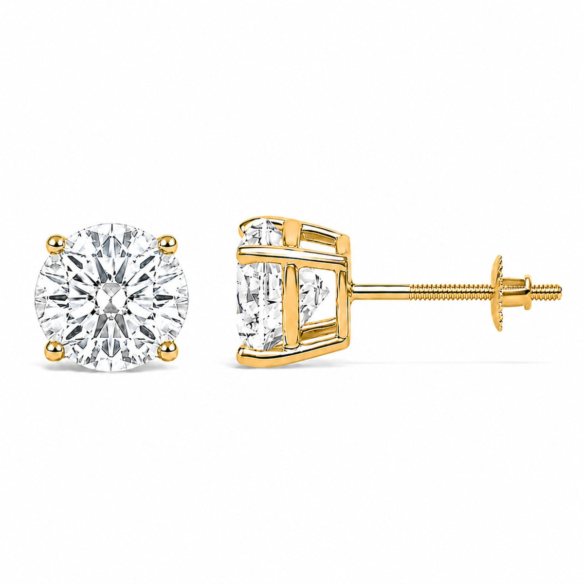 Close-up image of a pair of yellow metal stud earrings with round white gemstones in a four-prong setting, shown from the front and side angles.