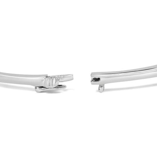 Close-up front angle of an open white metal bracelet clasp without visible gemstones.