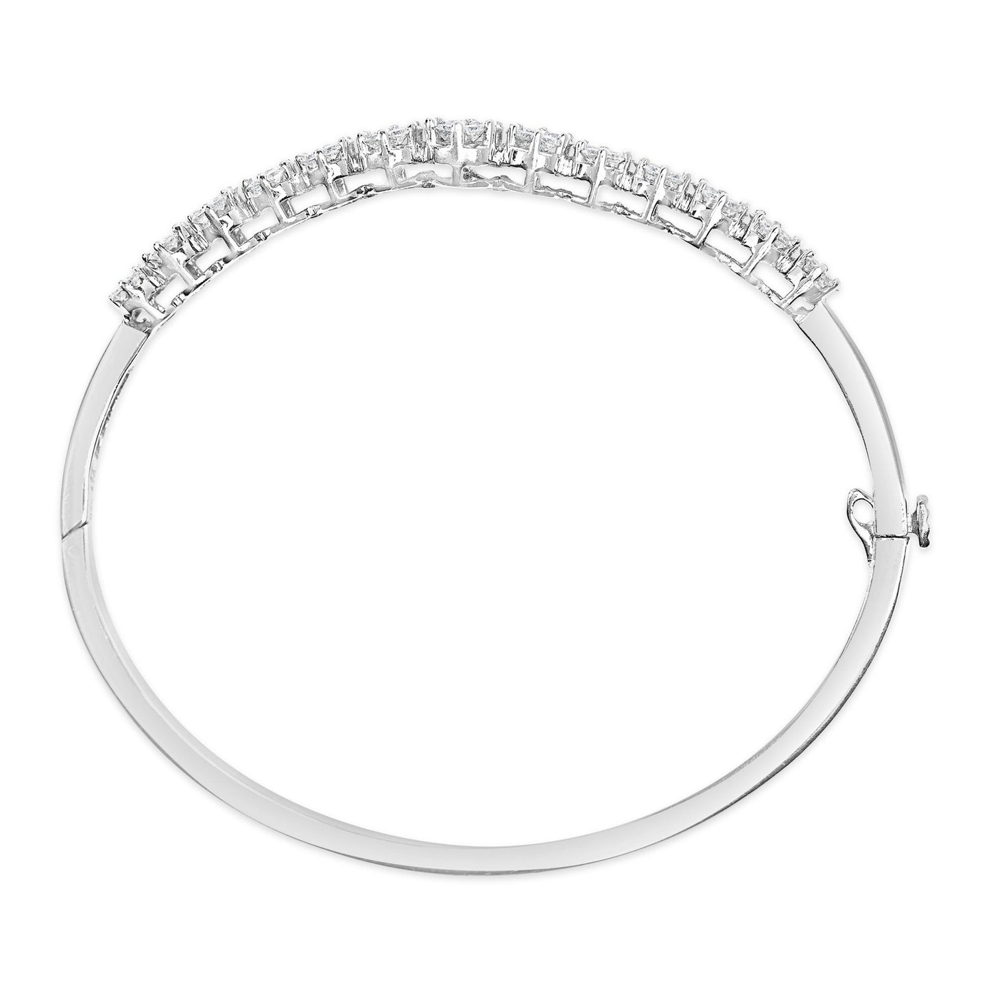 Top-down view of a white metal bracelet featuring a row of round white gemstones in prong settings along the top.