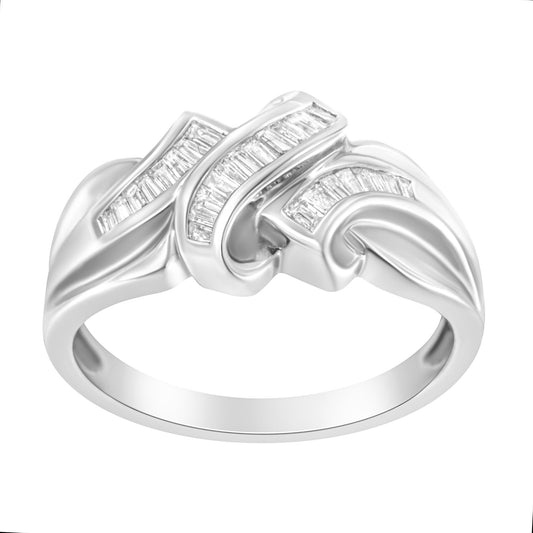 White metal ring with three curved sections, each set with multiple baguette-shaped white gemstones in a channel setting, shown from a front angle.