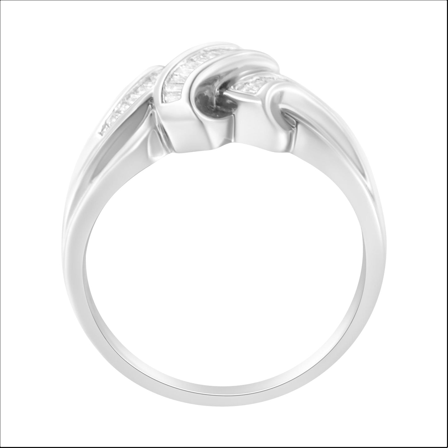 Front angle view of a white metal ring featuring multiple white baguette-shaped gemstones set in a channel setting along the band.