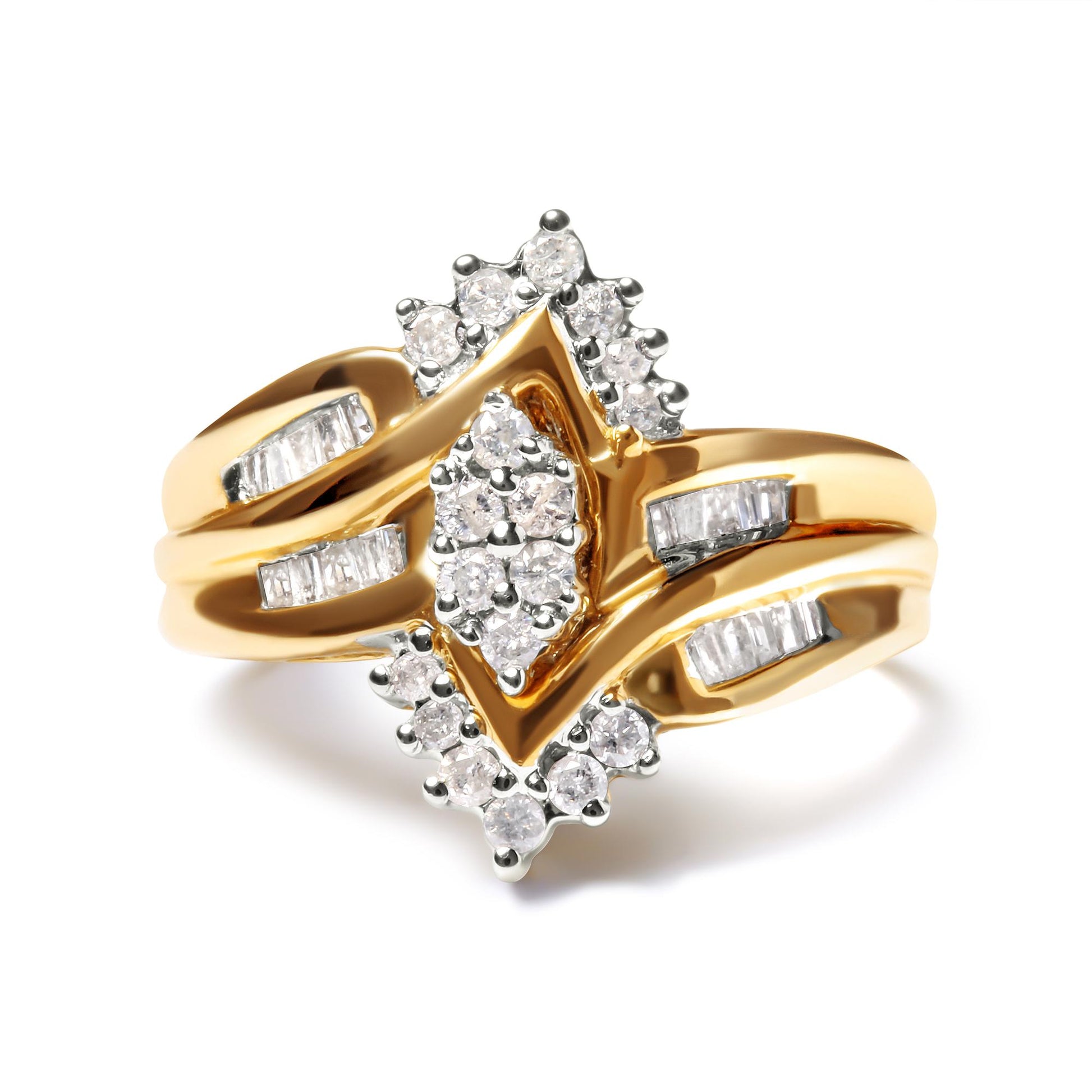 Close-up angled view of a two-toned ring featuring round prong-set white gemstones arranged in a cluster center and baguette channel-set white gemstones on the band.