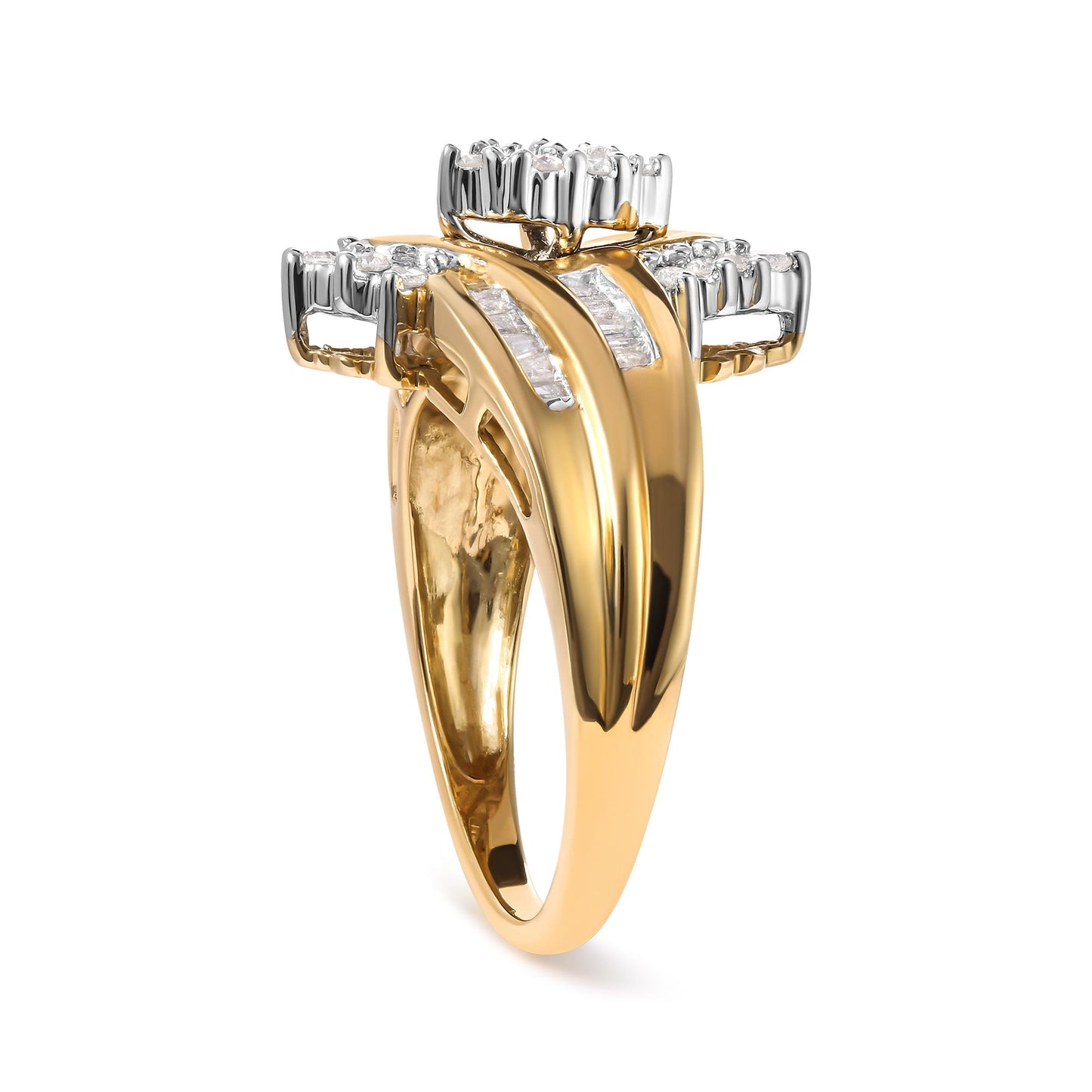 Two-toned ring with white round gemstones in prong settings and white baguette gemstones in channel settings, shown in a right side angle view.