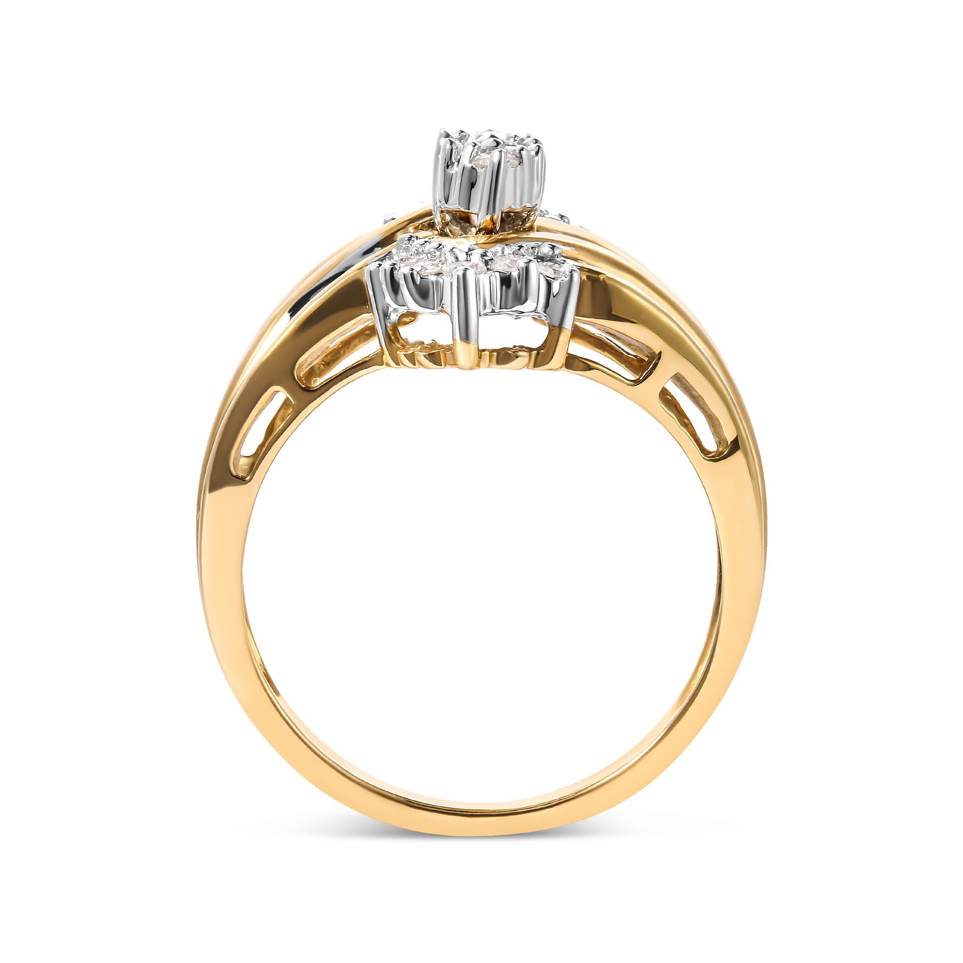 Two-toned ring with round prong-set white gemstones and baguette channel-set white gemstones, shown from side angle.
