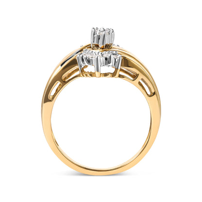 Two-toned ring with round prong-set white gemstones and baguette channel-set white gemstones, shown from side angle.