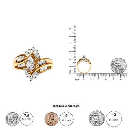 Two-toned ring with round white gemstones in prong settings and baguette white gemstones in channel settings, shown in a top view; additional side view of the ring on a ruler for size reference next to coins for scale.