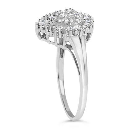 Side view of a white metal ring with a cluster of round white gemstones in prong settings on top, surrounded by a halo of baguette-shaped white gemstones in channel settings.