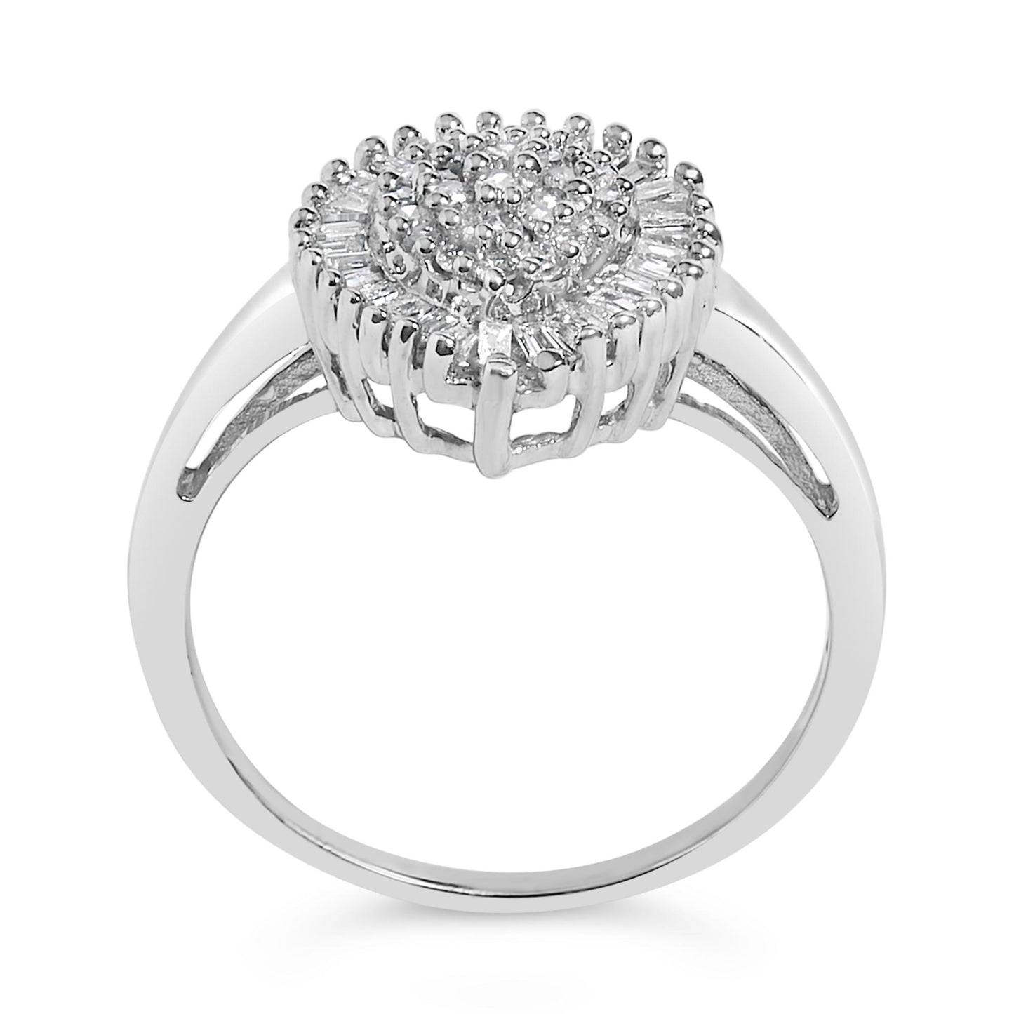 White metal ring shown from the top angle with a round cluster of white round gemstones in prong settings at the center, surrounded by white baguette gemstones in channel settings.