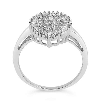 White metal ring shown from the top angle with a round cluster of white round gemstones in prong settings at the center, surrounded by white baguette gemstones in channel settings.