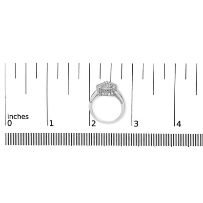 White metal ring with a square cluster of white round gemstones set in prongs and white baguette gemstones set in a channel, shown from side angle on a ruler for size reference.