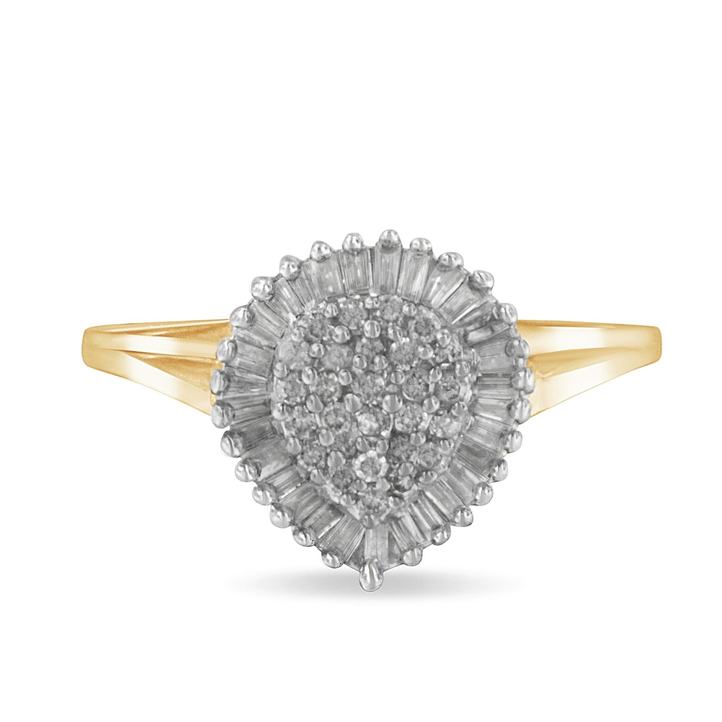 Front-facing view of a yellow metal ring featuring a pear-shaped cluster of round prong-set white gemstones surrounded by a halo of baguette channel-set white gemstones.