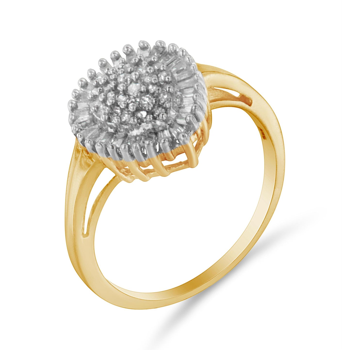 Yellow metal ring with a cluster of round prong-set white gemstones surrounded by baguette channel-set white gemstones, shown at an angled top view.