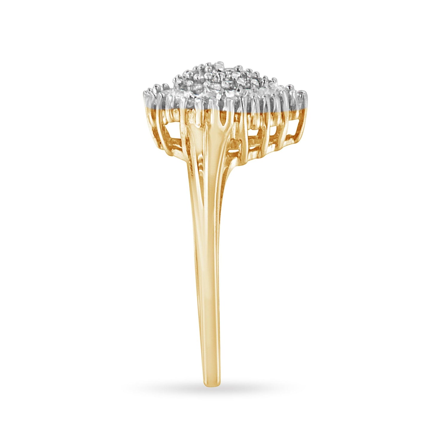 Yellow metal ring shown from the side angle with a raised square cluster of round white gemstones in prong settings above a channel-set baguette white gemstone band.