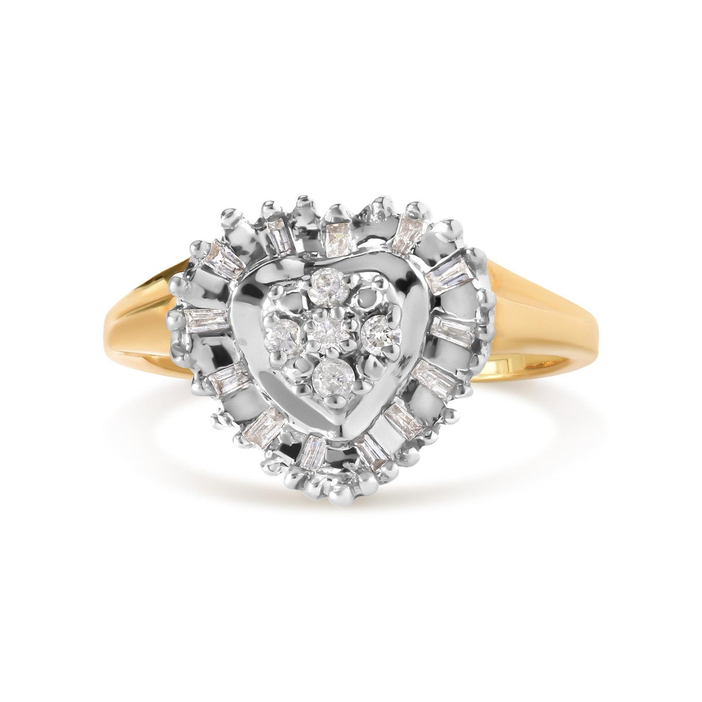 Front-facing close-up of a yellow metal ring with a heart-shaped cluster of white round and baguette gemstones in prong settings.