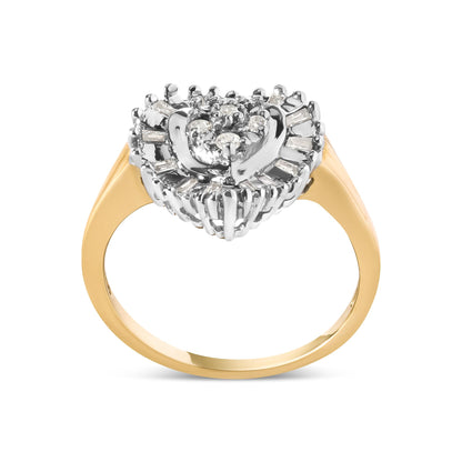Front angle view of a yellow metal ring with white round and baguette shaped gemstones in prong settings on the top.