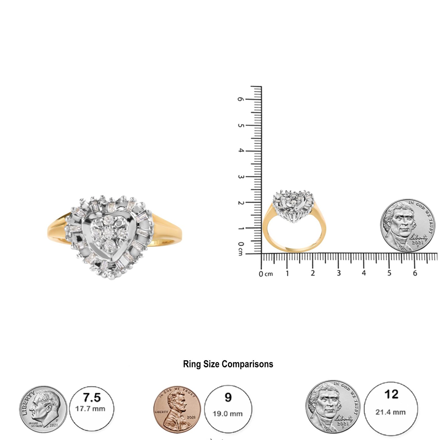 Yellow metal ring with a heart-shaped cluster of white round and baguette gemstones, shown from the front and side on a ruler for size reference.