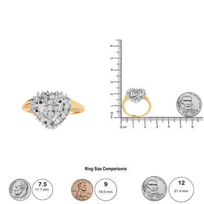 Yellow metal ring with a heart-shaped cluster of white round and baguette gemstones, shown from the front and side on a ruler for size reference.