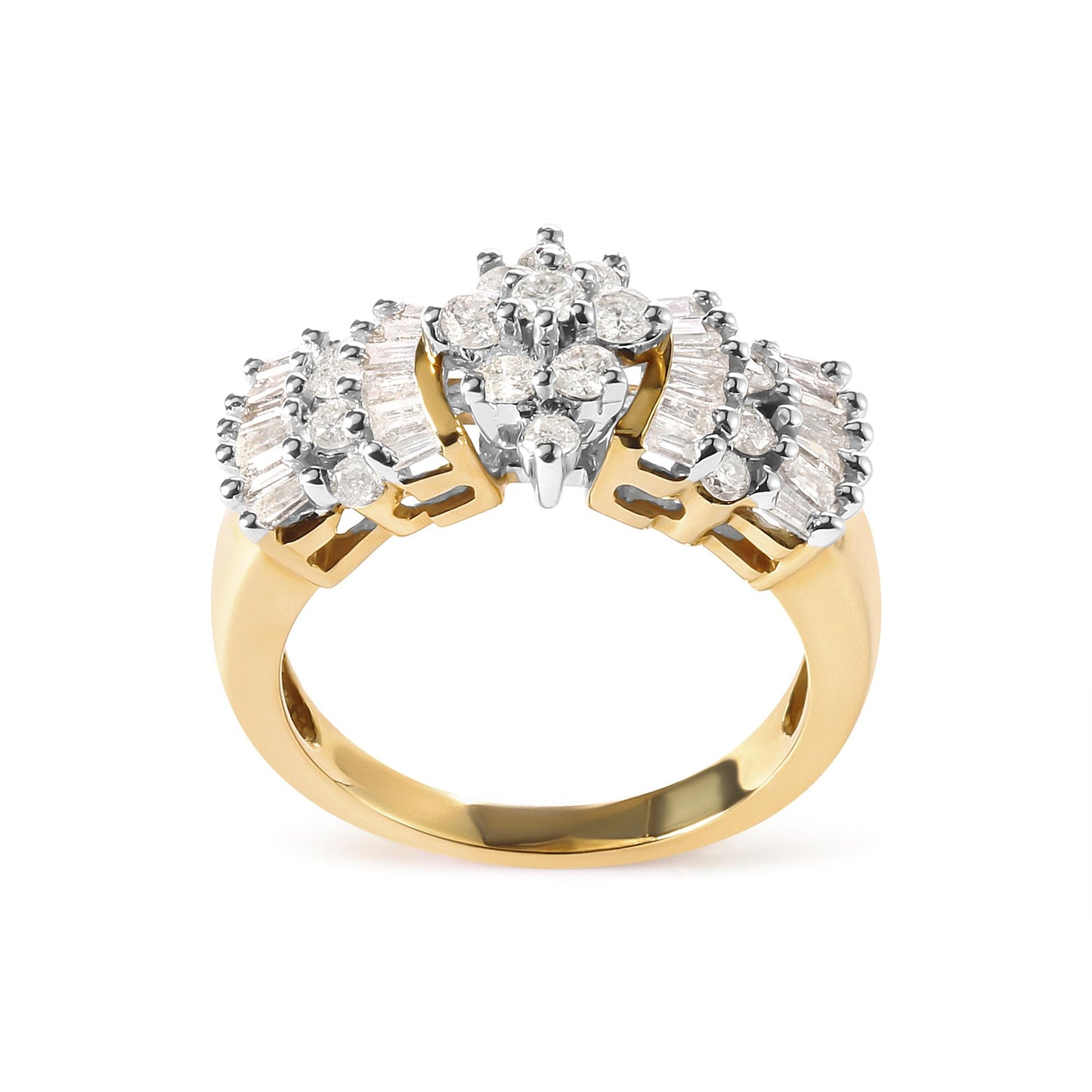 Yellow metal ring with two rows of white round and baguette-shaped gemstones in prong settings, shown from a front angle.
