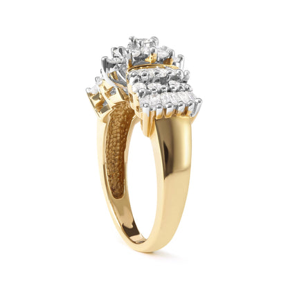 Yellow metal ring with prong-set white round and baguette gemstones, shown in a side angle view.