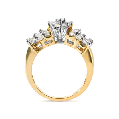 Yellow metal ring with prong-set white round and baguette gemstones, viewed from the side.