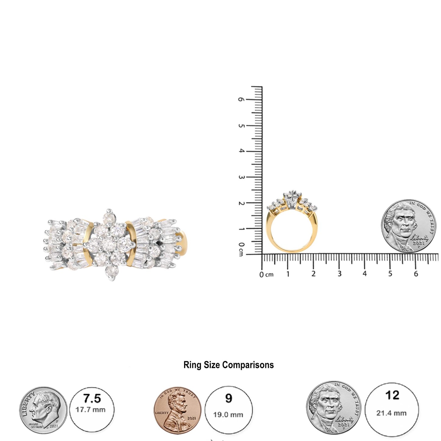 Yellow metal ring with clustered round and baguette white gemstones in prong settings, shown in a front view on a ruler and coin for size reference.