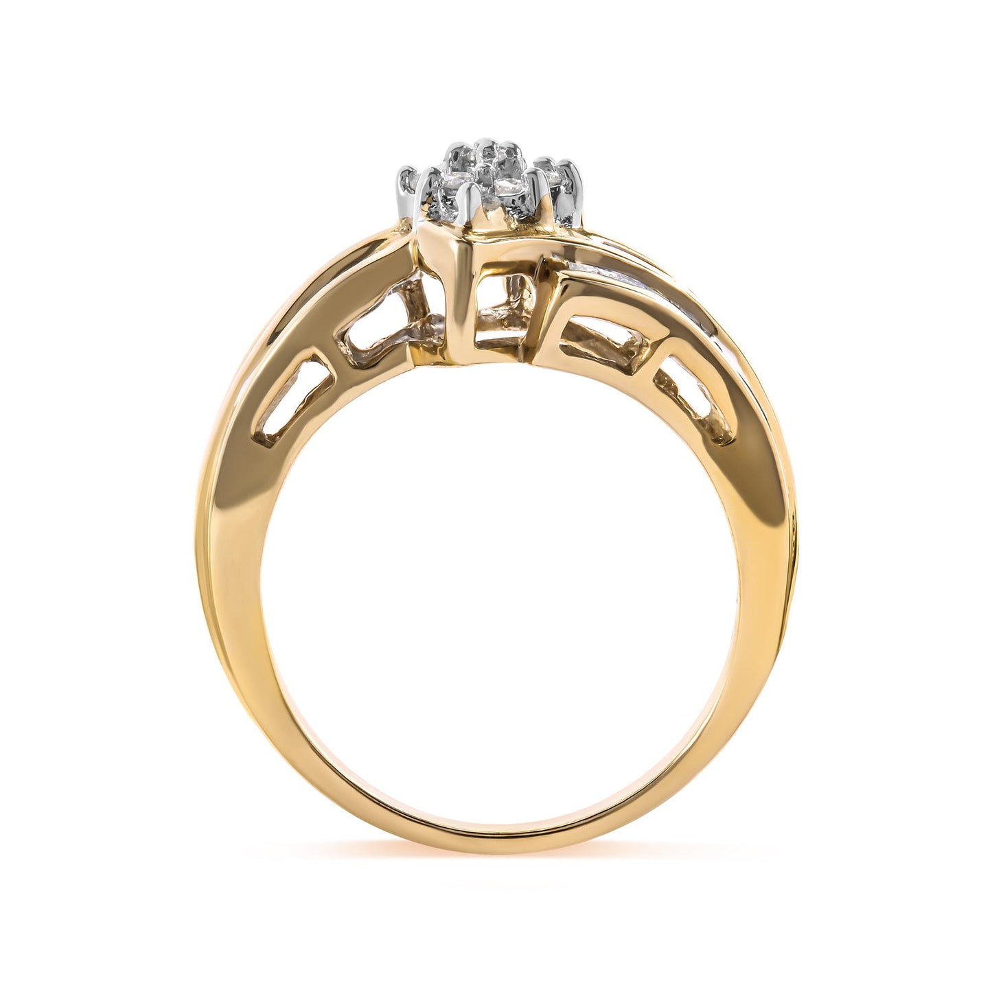Side angle of a yellow ring featuring round white gemstones in prong settings and channel-set baguette white gemstones along the band.