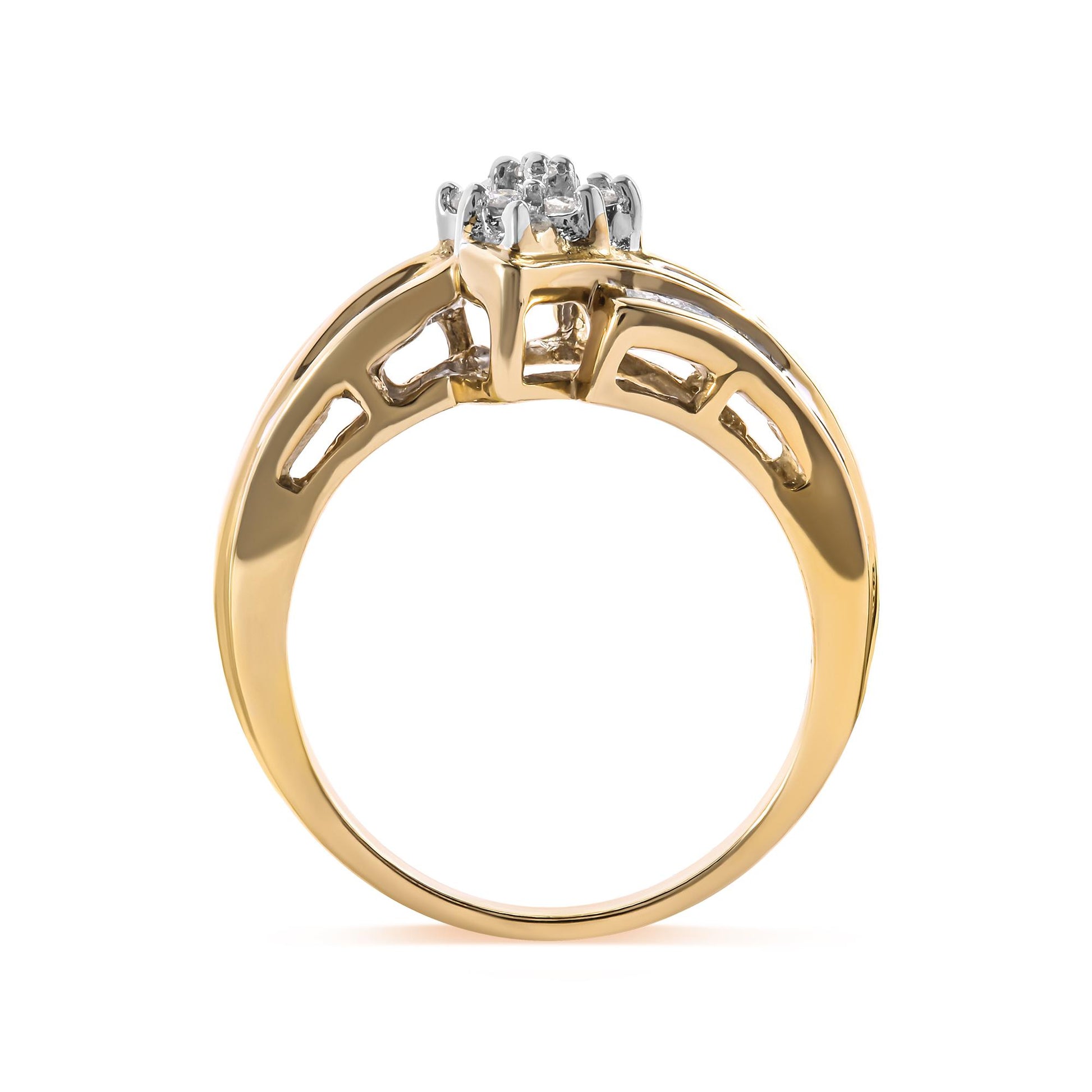 Side angle of a yellow ring featuring round white gemstones in prong settings and channel-set baguette white gemstones along the band.