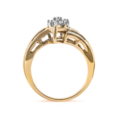 Side angle of a yellow ring featuring round white gemstones in prong settings and channel-set baguette white gemstones along the band.