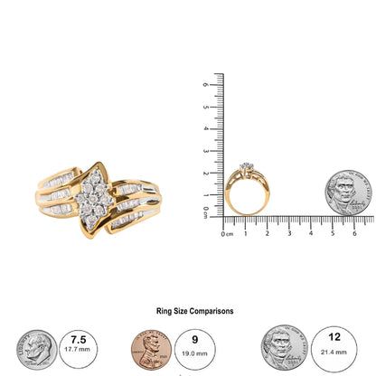 Yellow ring with central cluster of round white gemstones in prong setting, flanked by rows of baguette white gemstones in channel setting, photographed from front and side on a ruler for size reference.