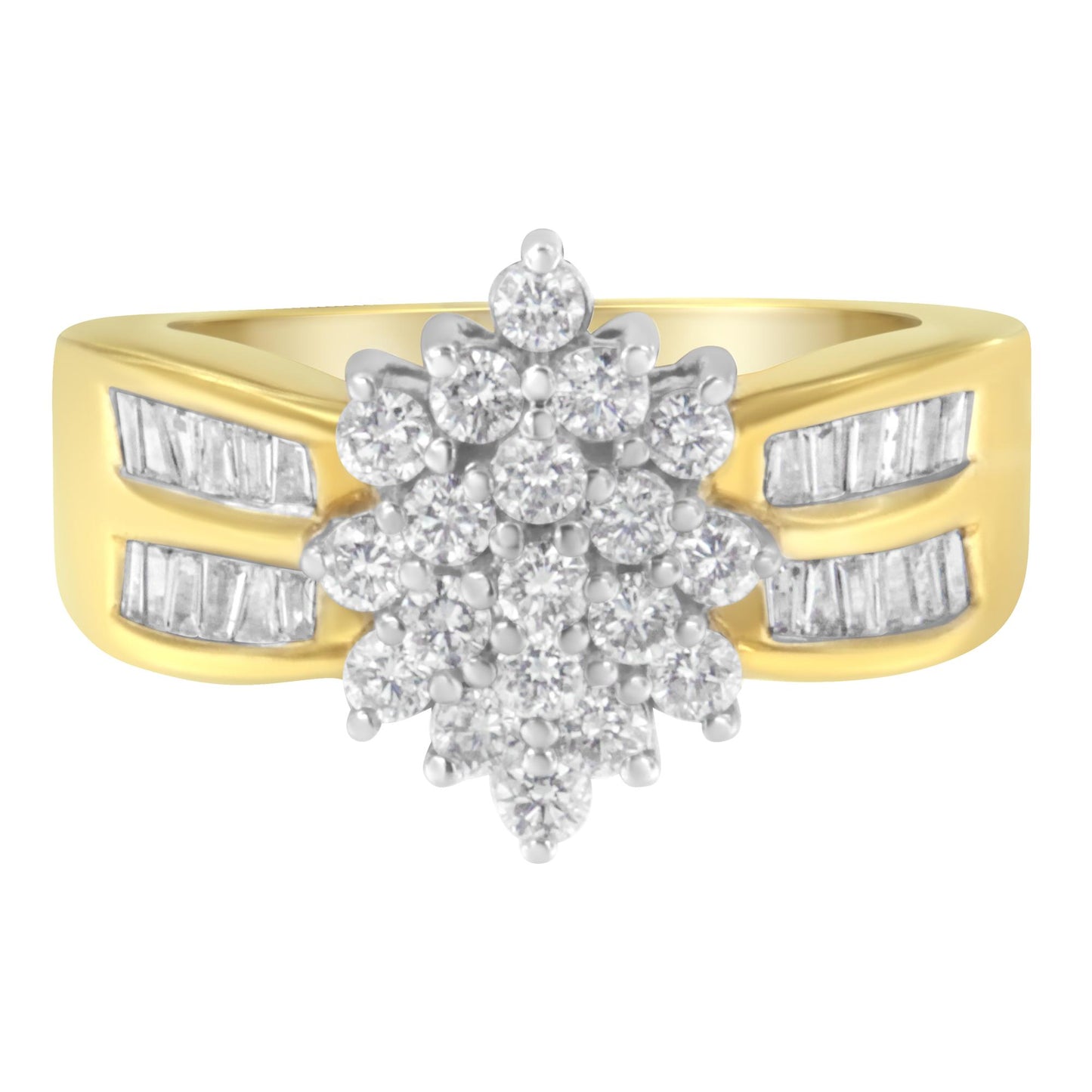 Front view of a yellow metal ring with a cluster of round white gemstones in prong settings at the center and two rows of baguette white gemstones in channel settings on each side of the band.