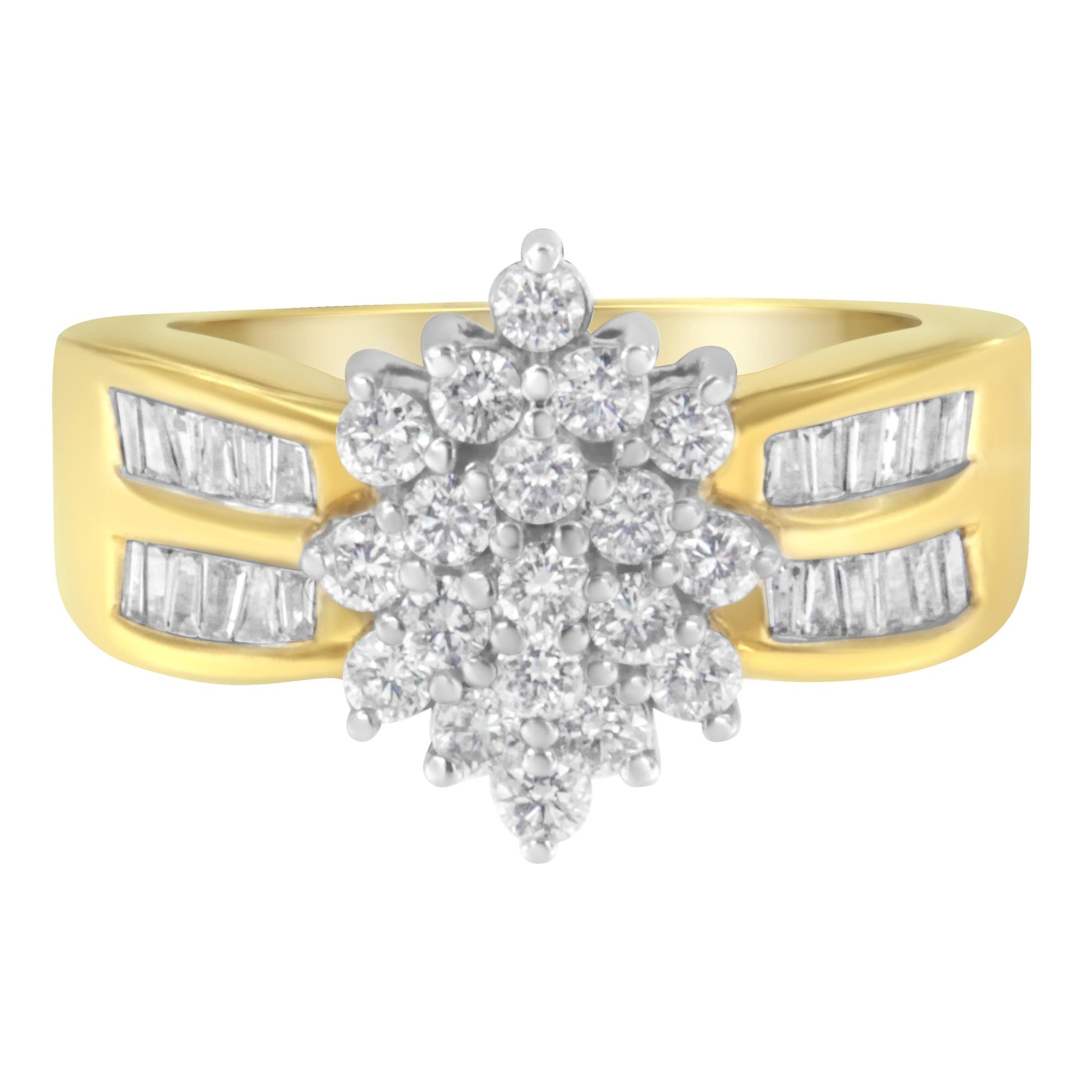 Front view of a yellow metal ring with a cluster of round white gemstones in prong settings at the center and two rows of baguette white gemstones in channel settings on each side of the band.