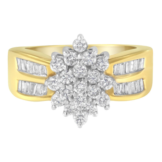 Front view of a yellow metal ring with a cluster of round white gemstones in prong settings at the center and two rows of baguette white gemstones in channel settings on each side of the band.