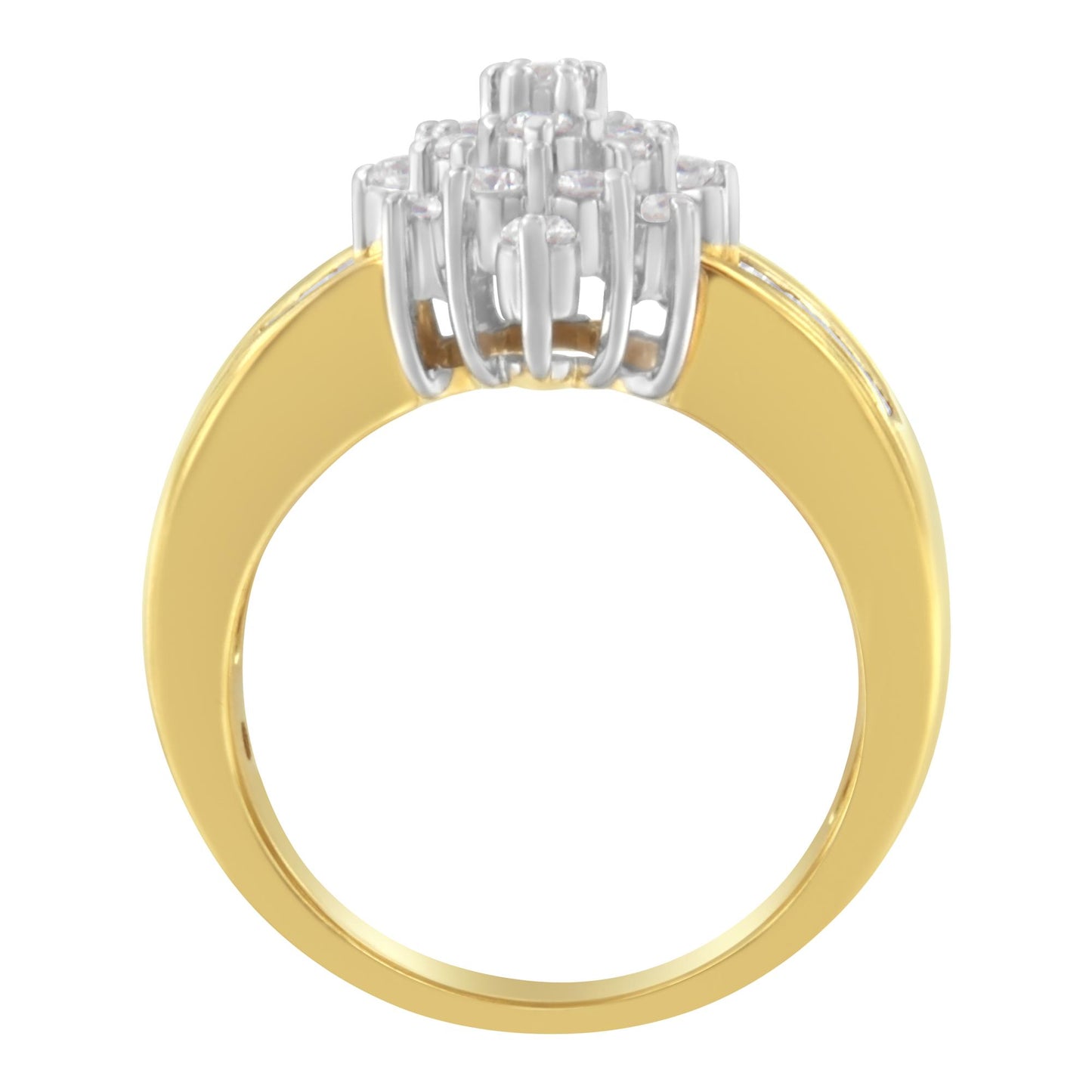 Front angled view of a yellow metal ring featuring a cluster of white round gemstones in prong settings and white baguette gemstones in channel settings on the top.