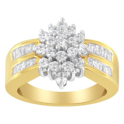 Yellow metal ring with a top cluster of round white gemstones in prong settings and two rows of baguette white gemstones in channel settings on the band, shown from a front angle.